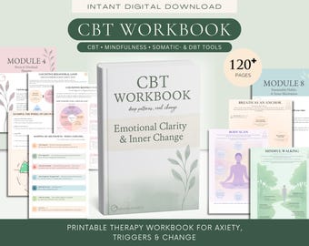 Puede incluir: Un cuaderno de trabajo de TCC con el título "CBT Workbook" y el subtítulo "Emotional Clarity & Inner Change". La portada es blanca con detalles en verde y gris. La imagen también muestra varias páginas con diagramas y el texto "120+ Pages."