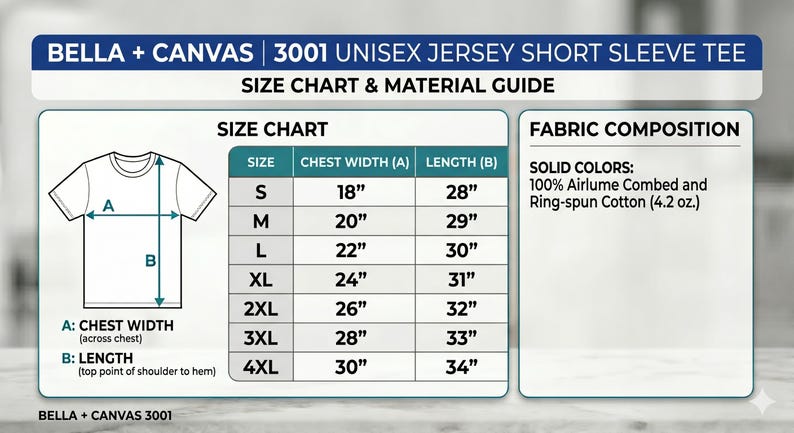 May include: A size chart and material guide for Bella + Canvas 3001 Unisex Jersey Short Sleeve Tee. The chart shows chest width and length measurements in inches for sizes S to 4XL. Fabric composition: 100% Airlume Combed and Ring-spun Cotton (4.2 oz.).