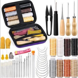 May include: A comprehensive sewing kit featuring a purple zippered case filled with spools of thread in various colors, needles, scissors, awls, and other tools. Includes a pink measuring tape, thimble, and needle threaders. Ideal for sewing and crafting projects.