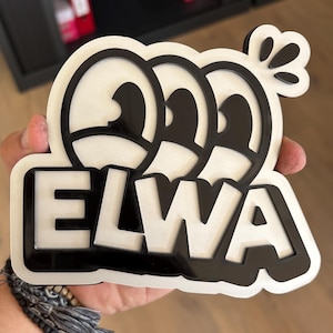 Peut inclure: Logo ELWA noir et blanc, tenu dans une main. Le logo présente un design stylisé avec trois formes en forme d'yeux au-dessus du mot "ELWA". Le design a un fond blanc avec des contours et des accents noirs.