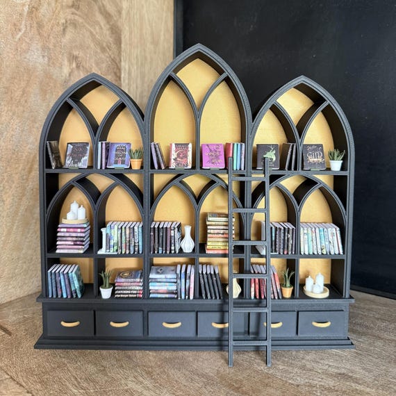 Gothic Miniature Library with Arches and Accessories – Dollhouse Bookcase – 1:12 Scale