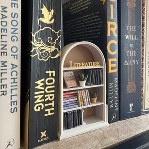Miniature bookshelf placed between hardcover books in home library setting