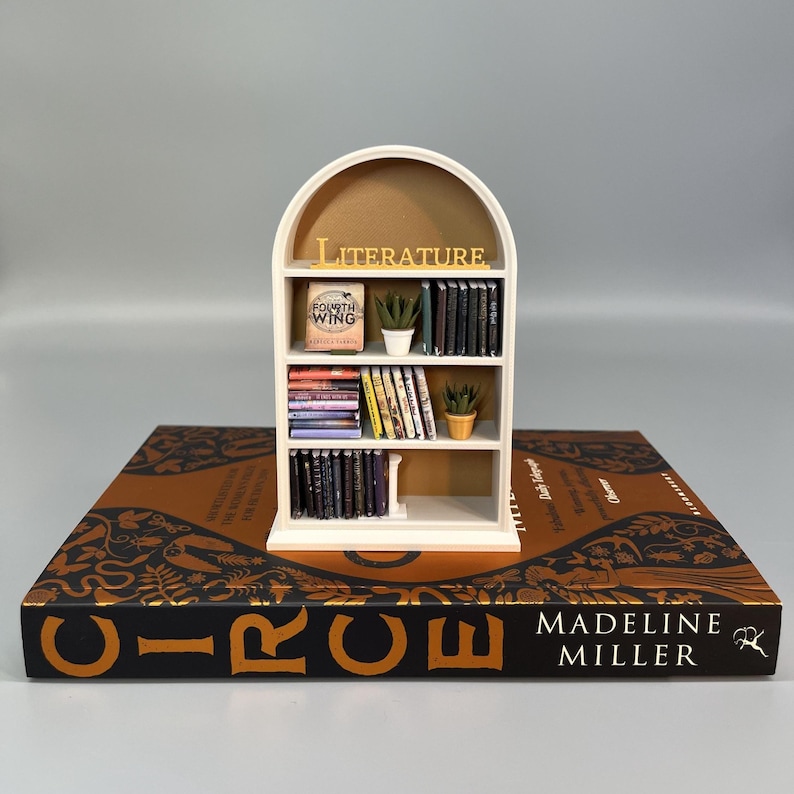 Miniature bookshelf displayed on large book for size comparison