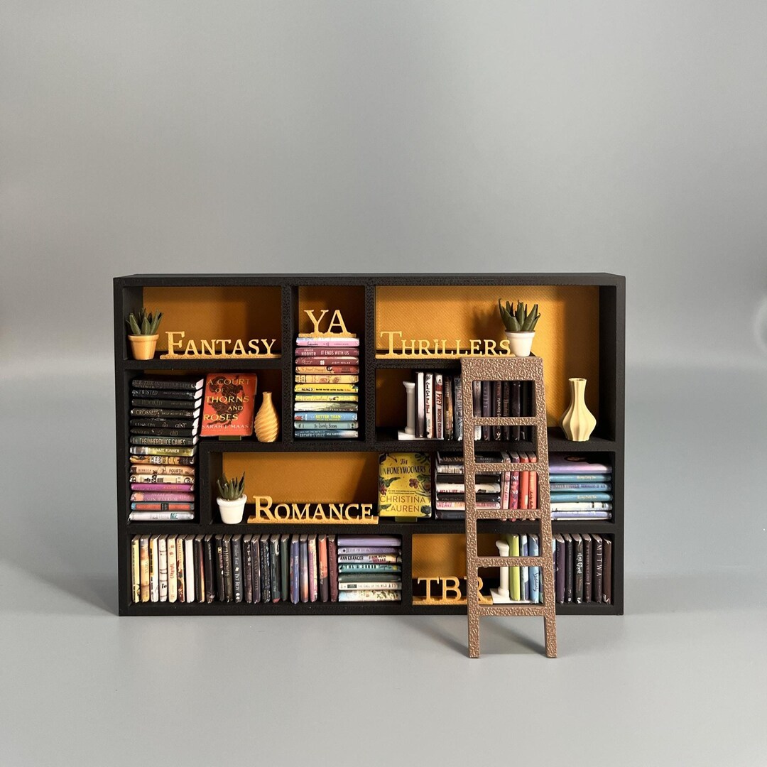 Miniature Bookshelf With Books and Ladder - Dollhouse Library Decor ...