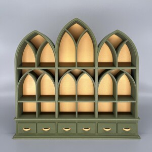 Dark Green miniature bookcase set displayed empty on grey background.