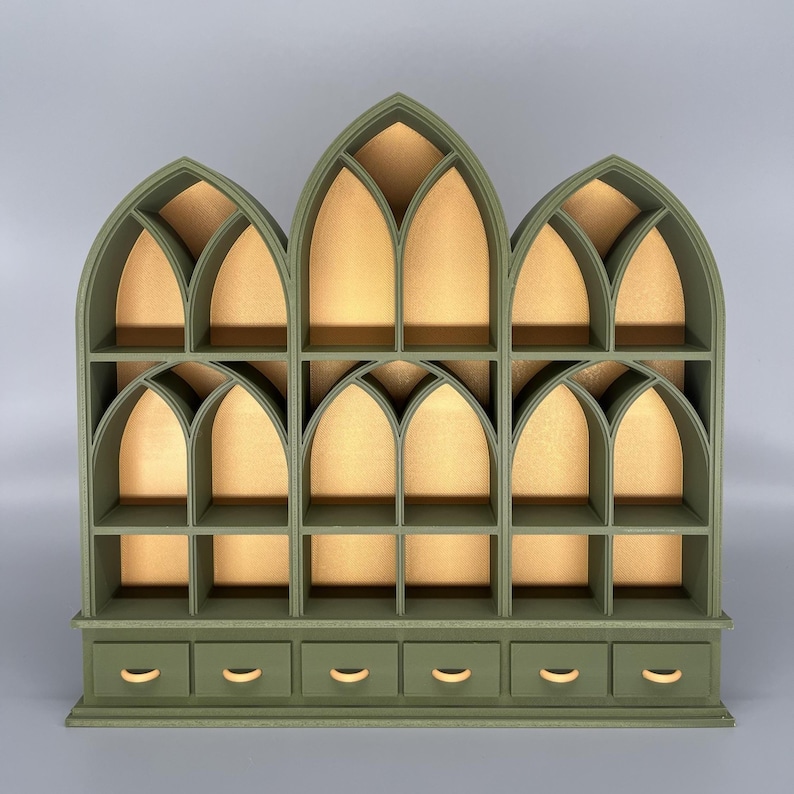 Dark Green miniature bookcase set displayed empty on grey background.