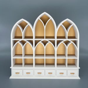 Bone White miniature bookcase set displayed empty on grey background.