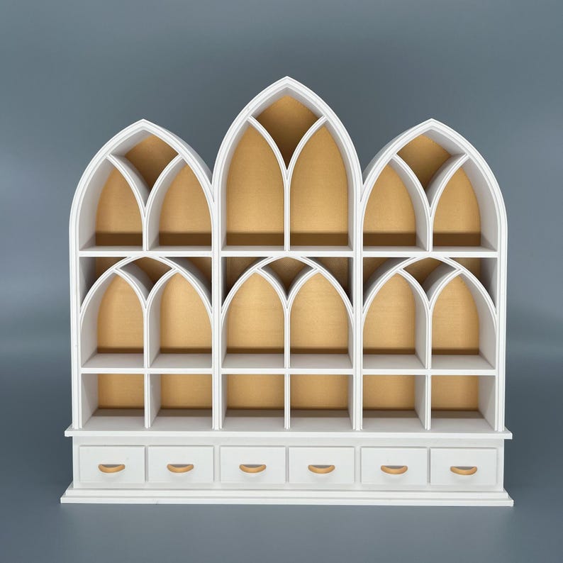 Bone White miniature bookcase set displayed empty on grey background.