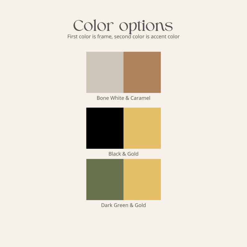 Color options for miniature bookcase – black and gold, bone white and caramel, dark green and gold