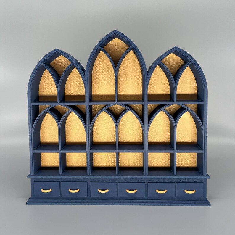 Dark Blue miniature bookcase set displayed empty on grey background.