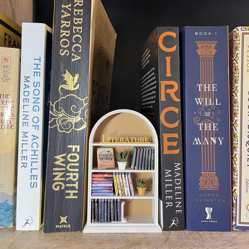Miniature bookcase styled between real books for scale reference