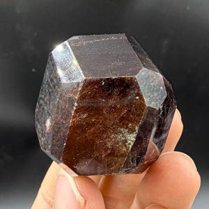 May include: A faceted, dark reddish-brown garnet crystal. The gemstone has a geometric shape with multiple flat surfaces. The crystal is held in a hand against a dark background, highlighting its color and form. The garnet appears to be well-polished.