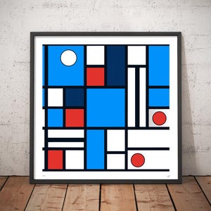 Composizione geometrica di Mondrian – Arte murale modernista astratta rossa, bianca e blu, poster con motivo a griglia minimalista