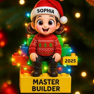 Personalized Building Blocks Christmas 2 Sided Ornament 2025,Master Builder Kid Ornament,Custom Name Boy Girl Gift,Brick Inspired Tree Decor