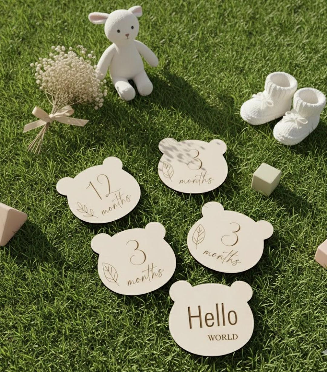 Wooden Baby Milestone Markers Bear Shape, Monthly Growth Wood Discs ...