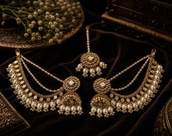 Bridal Pearl Jhumka Earrings with Chain & Maang Tikka Set | Kundan Gold Ethnic Jewelry | Indian Wedding Earrings | Statement Bridal Set