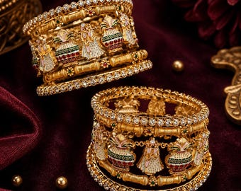 Traditional Indian Gold Bridal Bangles Set | Kundan Meenakari Kalash Design Kada | Wedding Chooda Set | Ethnic Jewelry Gift for Bride