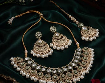 Royal Kundan Pearl Jewelry Set, Green Bridal Choker Necklace Set with Earrings & Maang Tikka, Indian Wedding Jewelry for Women