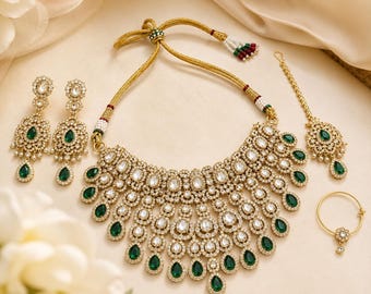 Royal Green Kundan Bridal Jewellery Set, Nose Ring & Tikka, Indian Wedding Jewelry for Bride, Lehenga Jewelry