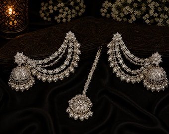 Pearl Jhumka Earrings with Sahara Chain | Kundan Bridal Earrings | Indian Wedding Jewelry | Statement Ethnic Earrings | Pakistani Bridal Set