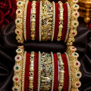 Bridal Chooda Bangle Set with Gold Kadas | Indian Wedding Bangles | Punjabi Bridal Chura | Traditional Red Gold Bangles | Bride Gift Set