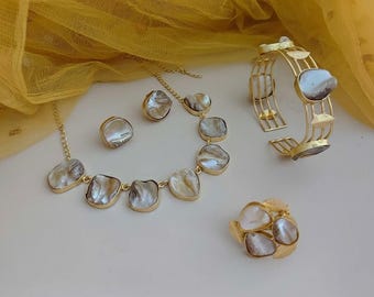 Mother of Pearl Jewelry Set: Gold-Plated Necklace, Cuff, Earrings & Ring