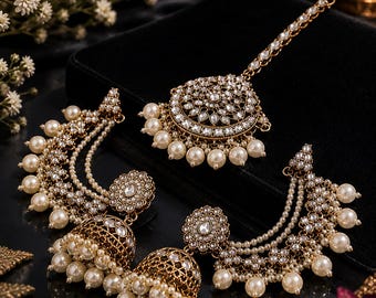 Pearl Jhumka Earrings with Kundan Chains With Tika | Indian Bridal Gold Statement Wedding Jewelry