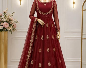 Georgette Anarkali Kurta Set with Dupatta, Black and Maroon Indian Ethnic Dress, Embroidered Party Wear Kurti, Festive Gown for Women