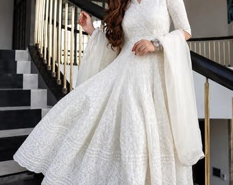 White Chikankari Anarkali Kurta Set with Dupatta, Women Embroidered Indian Ethnic Dress, Wedding Wear, Eid Outfit, Festive Kurti