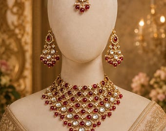 Royal Red Kundan Bridal Jewellery Set with Necklace, Earrings & Maang Tikka