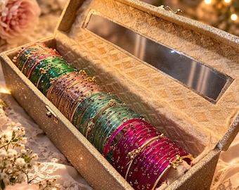 Veelkleurige glazen armbanden met parelkadas, bruidschura-set, Kashmiri Ghunguroo-armbanden (geschenkdoos)