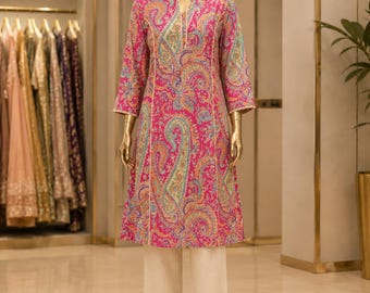 Pink Paisley Printed Kurta for Women, Long Indian Kurti Dress, Casual Ethnic Wear, Summer Kurta, Boho Tunic Dress, Sizes S to 3XL