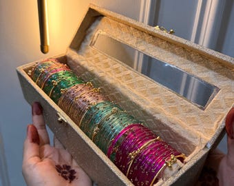 Multicolor Glass Bangles with Pearl Kadas, Bridal Chura Set, Kashmiri Ghunguroo Bangles (Gift Box)