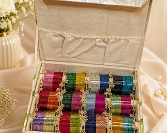 Multicolor Glass Bangle Set with Storage Box, Indian Bridal Chura, Festive Jewelry