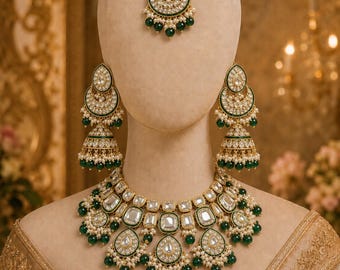 Royal Green Kundan Bridal Jewellery Set with Necklace, Jhumka Earrings & Tikka