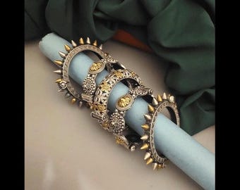 Vintage Style Silver and Brass Bangles | Stackable Indian Jewelry | Artisan Spiked & Floral Kada Set
