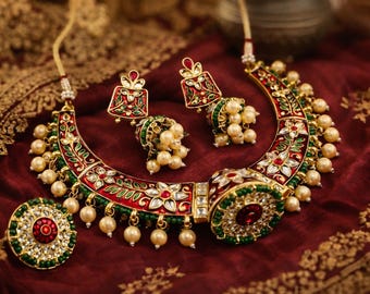 Red And Green Meenakari Bridal Necklace Set with Earrings & Ring