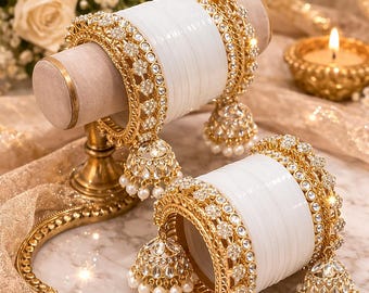 Indian Bridal Chura Bangles Set with Jhumka – Traditional Kundan Glass Wedding Jewelry