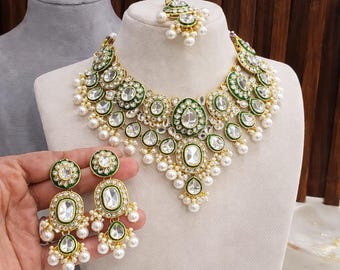 Elegant Seafoam Green Kundan Set | Designer Indian Necklace Earrings Tikka | Gold Plated Meenakari Jewelry