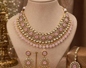 Blush Pink Kundan Jewelry Set, Bridal Choker Necklace Set with Earrings & Maang Tikka, Indian Wedding Jewelry for Women