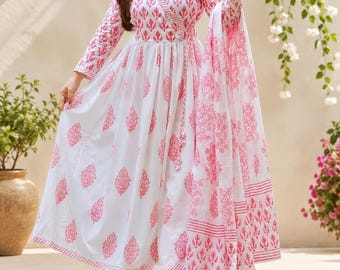White with Blue Print Kurta Set with Dupatta, Women Cotton Anarkali Dress, Indian Ethnic Wear, Long Kurti Dress, Summer Outfit