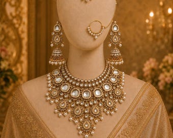 Royal Pearl Kundan Bridal Jewellery Set with Matha Patti, Nose Ring, Necklace & Jhumkas