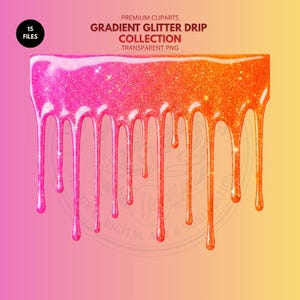 Puede incluir: Un gráfico digital de un diseño de goteo de purpurina degradada. La parte superior es una mezcla de purpurina rosa y naranja, con reflejos blancos. Las gotas tienen un acabado brillante y transparente. Incluye el texto "PREMIUM CLIPARTS GRADIENT GLITTER DRIP COLLECTION TRANSPARENT PNG".
