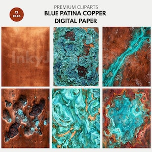 Peut inclure: Six modèles de papiers numériques présentant du cuivre avec des effets de patine bleue. Les motifs présentent diverses textures et motifs, notamment des effets tourbillonnants, fissurés et superposés. La palette de couleurs comprend des nuances de cuivre, de sarcelle et de bleu.