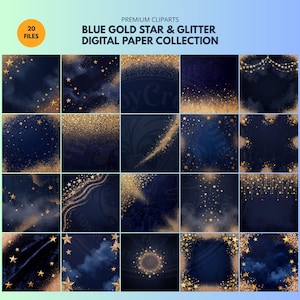 Könnte beinhalten: Eine digitale Papiersammlung mit 20 quadratischen Bildern mit dunkelblauem Hintergrund, goldenen Sternmotiven und Glitzertexturen. Der Text lautet: PREMIUM CLIPARTS BLUE GOLD STAR & GLITTER DIGITAL PAPER COLLECTION. Jedes Quadrat zeigt Muster.