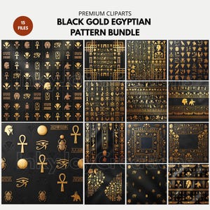 Pode incluir: Um pacote de arte digital com padrões egípcios em preto e dourado. Os designs incluem hieróglifos, ankhs, escaravelhos e outros símbolos do antigo Egito. O texto diz "PREMIUM CLIPARTS BLACK GOLD EGYPTIAN PATTERN BUNDLE" e "15 FILES".