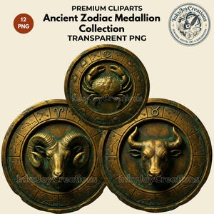 May include: Bronze-colored ancient zodiac medallions featuring a crab, ram, and bull. The medallions are part of the "Ancient Zodiac Medallion Collection" and are transparent PNGs. The image also includes the text "PREMIUM CLIPARTS" and "12 PNG".