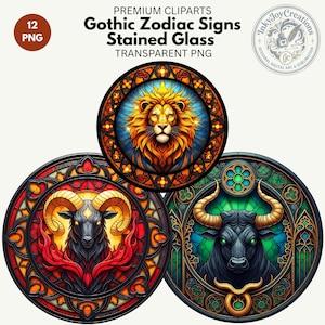 Gothic Zodiac Stained Glass Clipart | Medallion Transparent PNGs, 300 DPI (Digital Download)