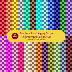 Puede incluir: Una colección de papeles digitales con un patrón de rayas en zigzag de tono medio en varios colores. Una etiqueta amarilla en el centro muestra el texto: 24 FILES Medium Tonal Zigzag Stripe Digital Papers Collection 4096 x 4096 pixels, 300 DPI.