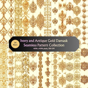 Puede incluir: Una colección de patrones damasco sin costuras en marfil y oro antiguo con 24 archivos. Los diseños incluyen motivos ornamentados como coronas, flores de lis, piñas, rosas y plumas de pavo real. Texto: Ivory and Antique Gold Damask Seamless Pattern Collection, 24 FILES, 4096 x 4096 pixels, 300 DPI.